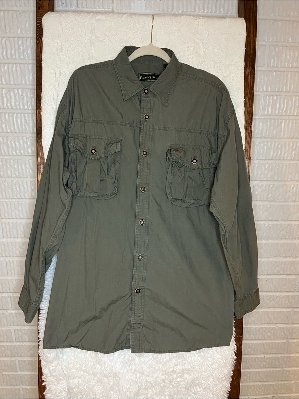 Field & Stream Men's Large Olive Green Long Sleeve Utility Fishing Shirt